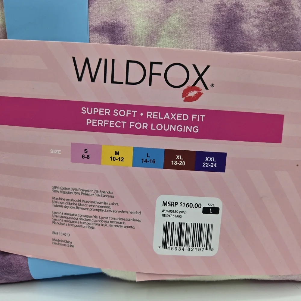 Wildfox Lounge Set Sweatshirt Shorts Tie Dye Stars Pajama PJ Purple Pink L